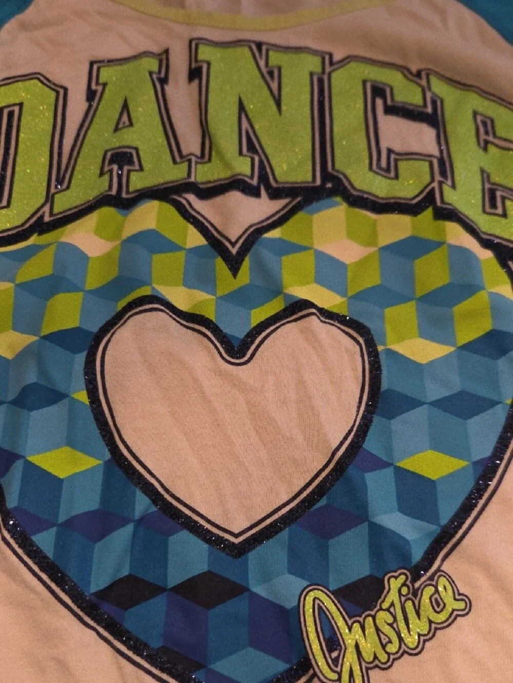 Justice Girls White Tee with Blue Sleeves & Lime Dance Heart Graphic